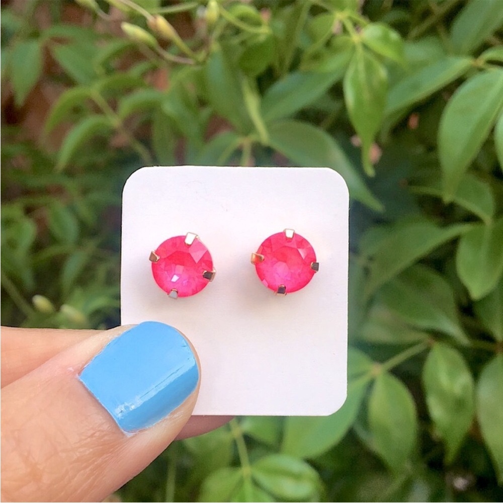 Hot Pink + Rose Gold Crystal Stud Earrings